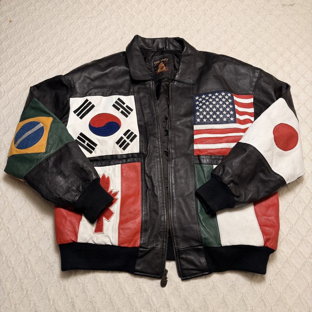 Vintage XL Phase 3 National Flags of the World Leather Bomber Jacket